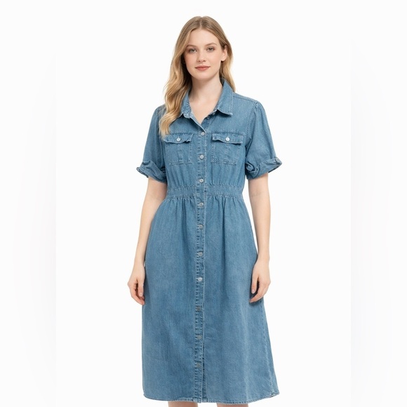 None Dresses & Skirts - Denim Casual Lapel Button Down Front Maxi Shirt Short Sleeve Dress